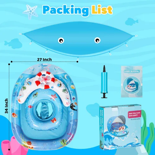 Miniatura 6 de Flotador de piscina para bebé con toldo de protección solar UPF50+, flotador de natación inflable para bebés de 6 a 36 meses