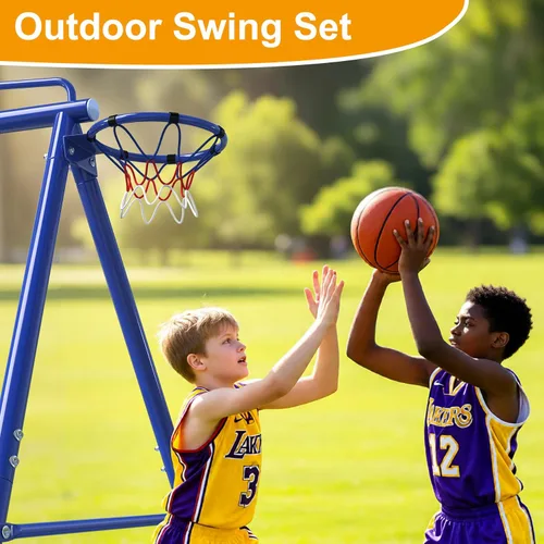Miniatura 7 de Juego de columpios para exteriores con tobogán, aro de baloncesto y portería de fútbol, marco de metal azul, juego multiactividad para niños