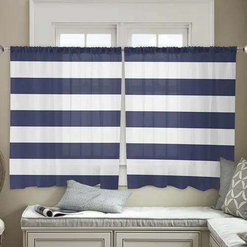 Miniatura 4 de Cortinas transparentes de rayas azules y blancas de 45 pulgadas de largo, juego de 2 paneles de cortinas semitransparentes con bolsillo para barra