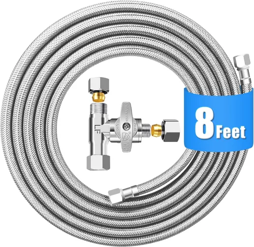 Kit de línea de agua para refrigerador - Línea de agua trenzada de acero inoxidable de 8 pies para máquina de hielo con válvula de parada en T,