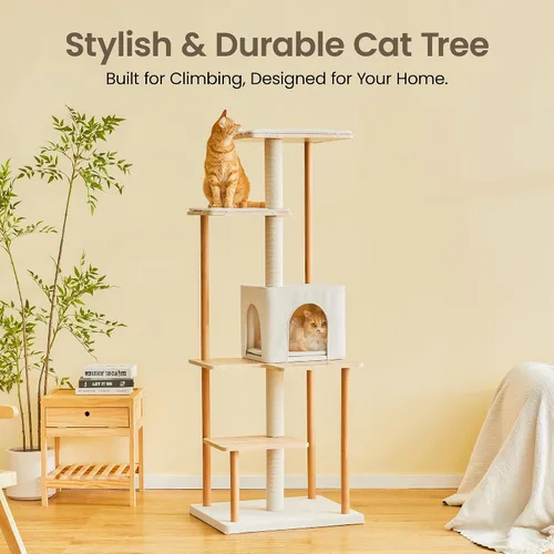 Miniatura 2 de MWPO Árbol moderno para gatos, torre de madera de lujo para gatos de interior, perchas grandes con cojines suaves, condominio para gatos grandes