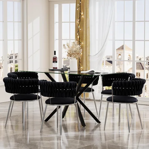 Miniatura 33 de Juego de mesa de comedor de cristal negro de 47 pulgadas para 4, juego de mesa de cocina minimalista moderno y 4 sillas de comedor de terciopelo