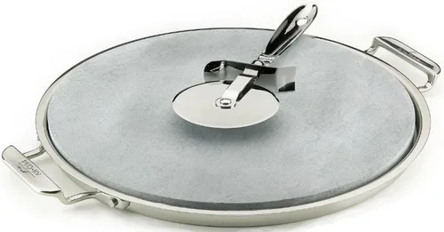 All-Clad 00280 Bandeja de acero inoxidable para servir con inserto de piedra para pizza-panadero de 13 pulgadas y cortador de pizza, color plateado