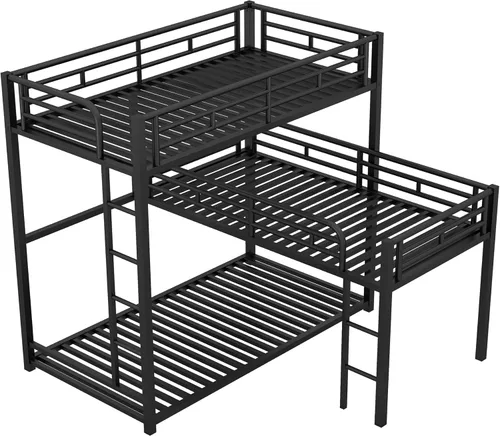 Miniatura 4 de MERITLINE Litera triple de metal para niños, en forma de L, marco de litera individual sobre individual e individual, literas 3 en 1 con barandillas