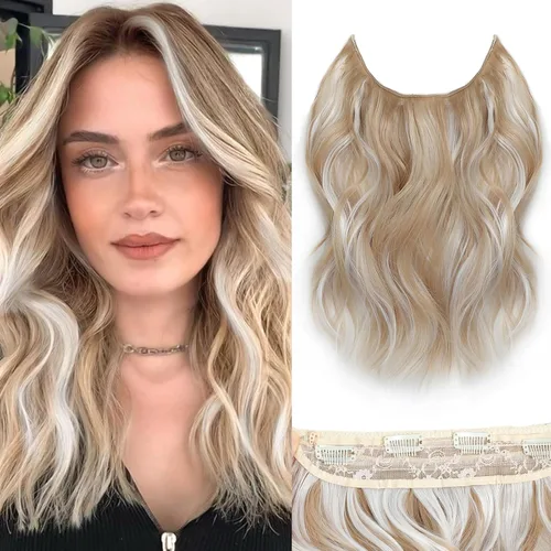 Miniatura 41 de Extensiones de cabello con halo de 12 pulgadas con alambre invisible, cabello largo ondulado ajustable, sintético, mejora con 4 clips de seguridad