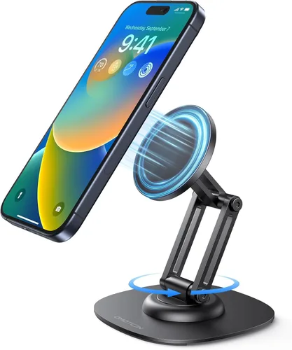 OMOTON Soporte de Teléfono Magnético Giratório de 360° para Escritorio, Ajustable y Plegable de Aluminio para Soporte de Celular MagSafe con Base