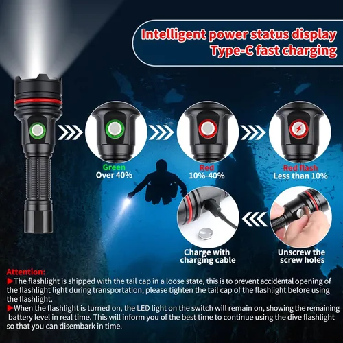 Miniatura 5 de Linterna submarina 14S de 2000 lúmenes con correas de gancho y bucle, 6 modos de linterna de buceo súper brillante, USB-C recargable, IP68 328 pies