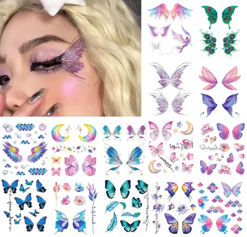 14 hojas de tatuajes temporales de mariposa con purpurina para decoración de maquillaje de ojos, rostros, calcomanías de tatuaje de arte corporal,