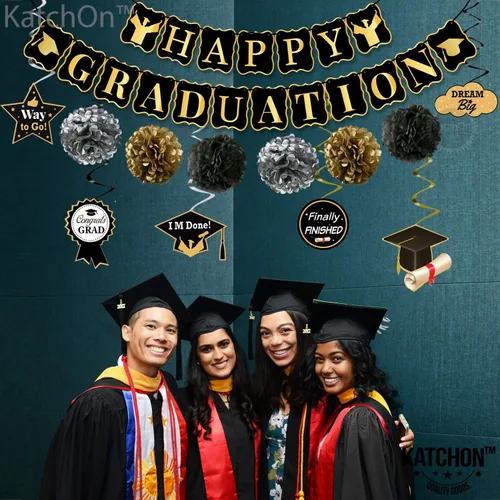 Miniatura 8 de Suministros de fiesta de graduación 2020. Cartel de graduación – Decoración de remolinos colgantes Decoración negra y dorada Feliz graduación