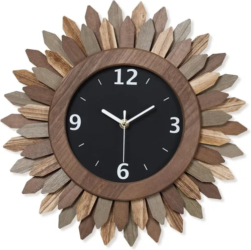Miniatura 12 de Honiway Reloj de pared a pilas de 12 pulgadas, de madera rústica, bohemio, con diseño sunburst, reloj de pared decorativo silencioso sin tictac