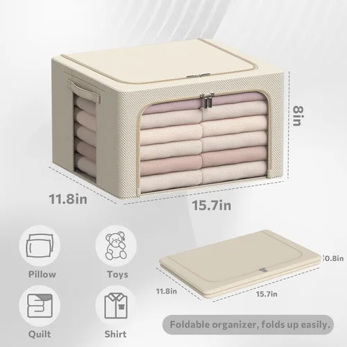 Miniatura 6 de Paquete de 3 cajas de almacenamiento con marco, bolsas de almacenamiento de ropa, tela Oxford, plegable, apilable, juego organizador con ventana