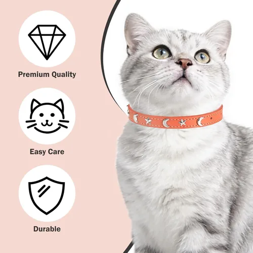 Miniatura 3 de Collares de cuero para gatos DILLYBUD para gatos macho y hembra con campana y cinturón elástico de seguridad, hebilla ajustable personalizada
