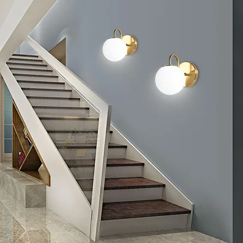 Miniatura 4 de Moderno aplique de pared para dormitorio, latón cepillado, lámpara de pared interior de globo blanco leche, lámpara de pared de vidrio para baño