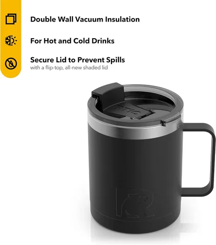 Miniatura 2 de RTIC Taza de café con asa, 12 onzas, color negro, portátil de viaje térmico para campamento, aislada al vacío con tapa, acero inoxidable, a prueba