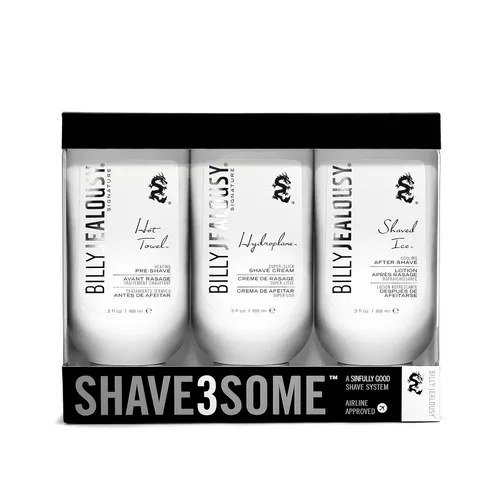 Billy Jealousy Shave3some Trio - Kit de afeitado de tamaño de viaje para hombres con calentamiento preafeitado, crema de afeitado súper resbaladiza