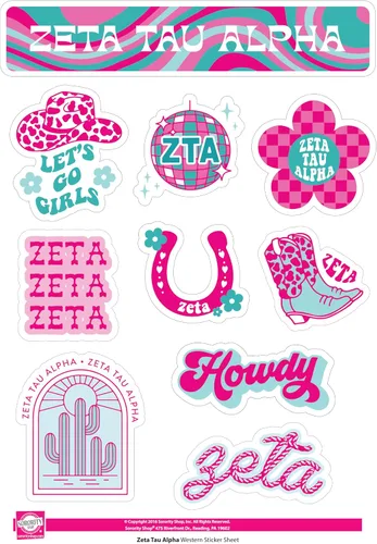 Miniatura 5 de Zeta Tau Alpha - Hoja de calcomanías de vinilo de diseño occidental con diseños con licencia oficial, adhesivo extraíble, 10 calcomanías por hoja