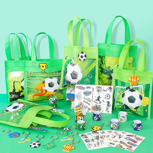 Miniatura 6 de Winrayk Juego de 12 regalos de fiesta de fútbol para niños, suministros de cumpleaños deportivos, bolsas de regalo no tejidas, pulsera de palmada
