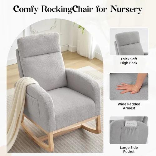 Miniatura 3 de Mecedora para guardería, moderna mecedora tapizada con bolsillo lateral, respaldo alto, asiento acolchado para sala de estar, guardería, dormitorio