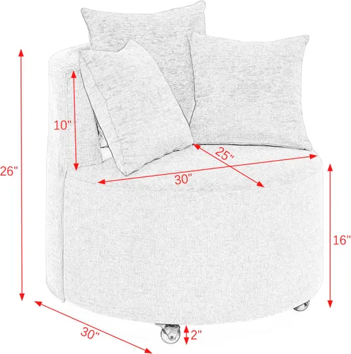 Miniatura 3 de Quarte Moderna silla tapizada de ocio, silla giratoria de tela de peluche con ruedas móviles y 3 almohadas, perfecta para sala de estar y dormitorio