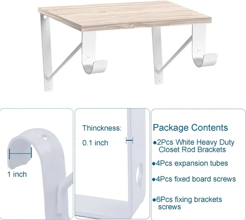Miniatura 3 de Paquete de 2 soportes blancos resistentes para barra de armario, soportes de soporte de armario de 10.9 x 12.3 x 1 pulgadas, capacidad