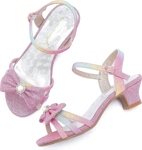 Miniatura 2 de LAURMOSA Sandalias para niñas, zapatos de vestir para fiesta de boda, puntera abierta, tacones altos con purpurina para niños pequeños y grandes