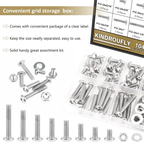 Miniatura 7 de 104 piezas #12-24x 5/16", 3/8", 1/2", 5/8", 3/4", 7/8", 1", 1-1/4", Kit surtido de tornillos de máquina Phillips con cabeza de sartén, tuercas