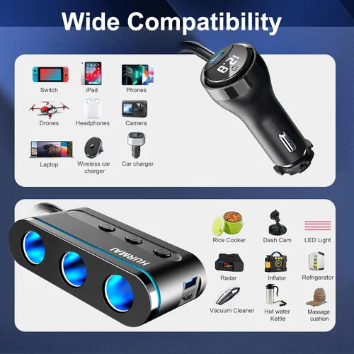 Miniatura 6 de Divisor de Encendedor de Cigarrillos, Adaptador de Encendedor de Cigarrillos para Autos de 3 Enchufes, Cargador USB Multipuerto de Servicio Pesado