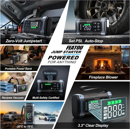 Miniatura 6 de Arrancador de alta potencia de 9000 A con compresor de aire, batería de coche de 12 V, caja de salto portátil para automóvil (todo a gas/14L diesel)
