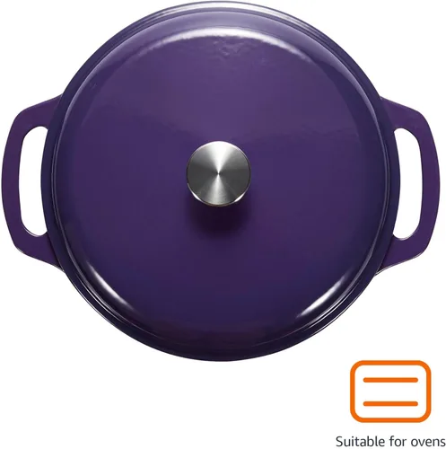 Miniatura 2 de Amazon Basics - Olla de horno holandés de hierro fundido esmaltado con tapa, redonda, asas dobles, resistente, mediana, 6 cuartos de galón, púrpura