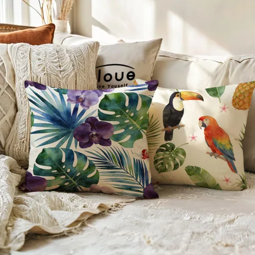 Miniatura 5 de ULOVE LOVE YOURSELF Fundas de almohada decorativas para el hogar, patrón de flamenco y hojas de flores tropicales, fundas de cojín de verano de 18 x