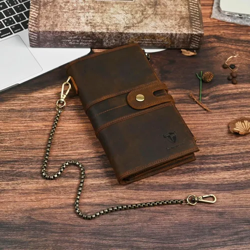 Miniatura 32 de Genuino Caballo Loco Cuero Regalo de Viaje Moneda Bolsillo Tarjetero Organizador Largo Cadena Rfid Cartera Monedero Con Broche Para Hombres Hombres