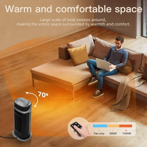 Miniatura 5 de RELF Calentador de cerámica PTC de 1500 W con humidificador, oscilación de 70°, control remoto, modo ECO, temporizador y protección contra vuelcos