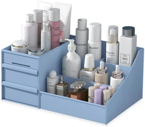 Miniatura 10 de Organizador de escritorio de maquillaje con cajones, organizador de cuidado de la piel para cosméticos, soporte de tocador para lápiz labial