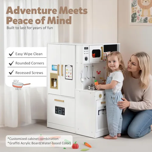 Miniatura 4 de TODEFULL Juego de Cocina de Madera para Niños, Juego de Cocina de Simulación para Niños, Cocina de Juguete Interactiva con Congelador, Lavadora