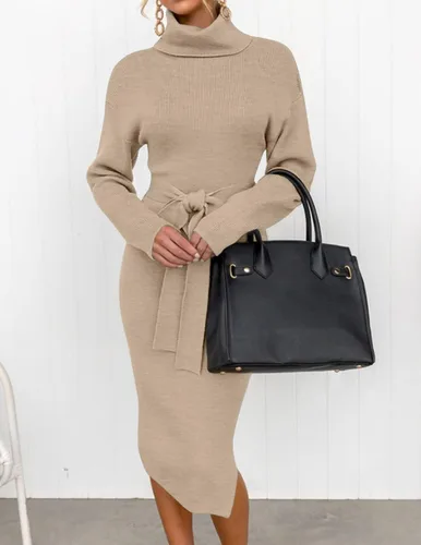 Miniatura 27 de ZESICA - Vestido por debajo de la rodilla de suéter, de cuello alto, para mujer, de manga larga, de punto acanalado, con abertura y cinturón