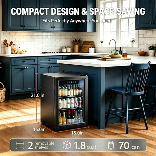 Miniatura 2 de Refrigerador de bebidas, mini refrigerador de 1.8 pies cúbicos con puerta de vidrio y control electrónico de temperatura para cerveza, vino