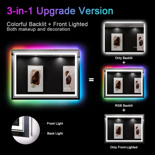 Miniatura 5 de Snowdool Espejo LED para baño, 28 x 36 pulgadas con retroiluminación RGB de 8 colores + 3 luces delanteras (ajustables individualmente), antiniebla