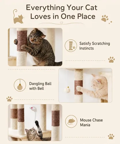 Miniatura 8 de PMT03BW - Árbol para gatos de interior, torre grande de 71 pulgadas con poste rascador y percha superior, hamaca, condominio para gatos adultos