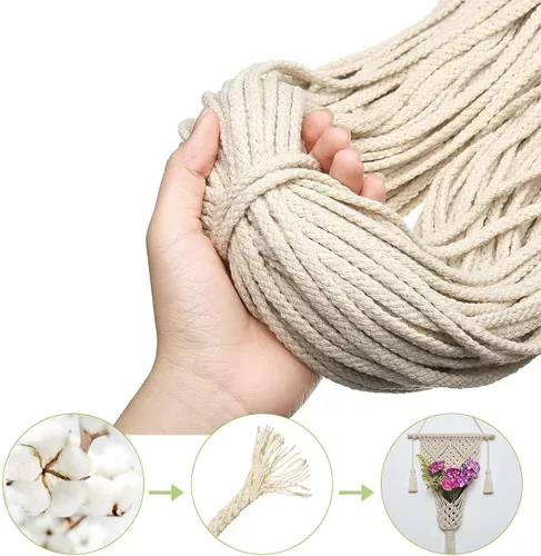 Miniatura 2 de 5 mm * 90 m Cuerda de macramé de algodón natural de 8 hebras trenzadas para manualidades, hilo para tejer para colgar en la pared y manualidades DIY