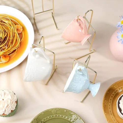 Miniatura 5 de Soporte de exhibición de tazas de té y platillo, 8 piezas, soporte de metal para platillos para tazas de té, café, organizador para platos de cocina