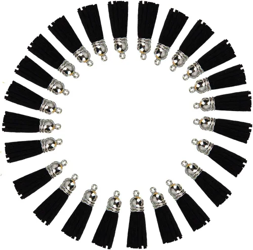 Llavero con borlas de cuero con tapas blancas plateadas, dije de borla para hacer joyas, llavero, pulseras, anillos, manualidades, 30 unidades Negro