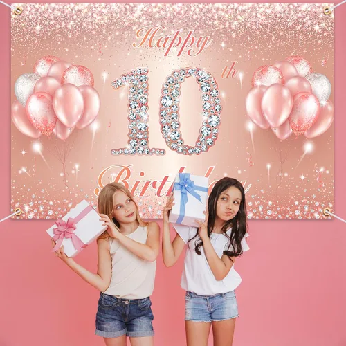 Miniatura 7 de Fondo de pancarta de feliz cumpleaños 10 – Suministros de decoración de fiesta de cumpleaños 10 para niñas o niños – Oro rosa 4 x 6 pies