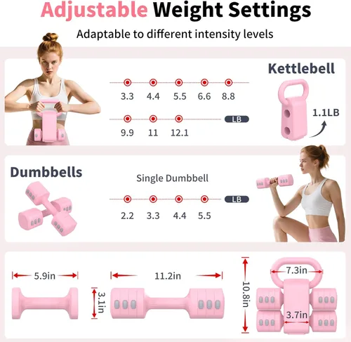Miniatura 3 de Hezeyferg Juego de mancuernas ajustables 2 en 1, juego de mancuernas con 4 niveles de peso para mujeres y hombres, cada una de 1/1.5/2/2.5 kg de Rosa