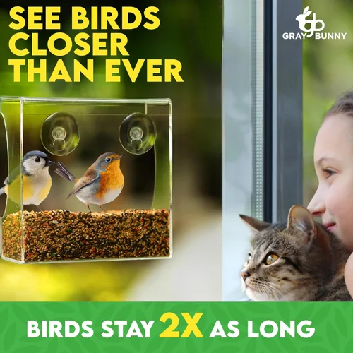 Miniatura 4 de Comedero para pájaros con ventana transparente - Comedero premium para exteriores con fuertes ventosas, agujeros de drenaje y gran capacidad