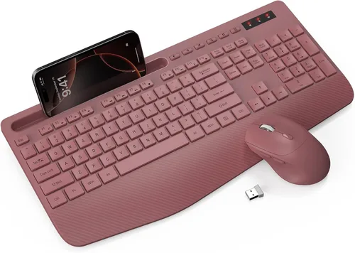 Combo de teclado y ratón inalámbrico - Teclado ergonómico de tamaño completo con reposa muñecas, soporte para teléfono, modo de suspensión, combo de