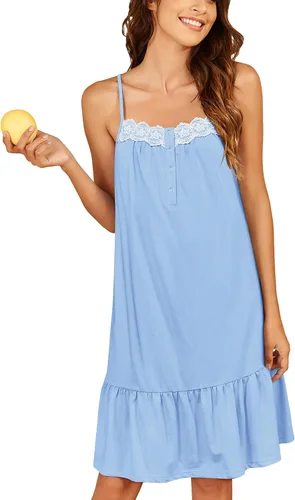 Ekouaer Camisones de algodón para mujer, sin mangas, vestido de noche de encaje, vestido de noche con botones, camisón victoriano