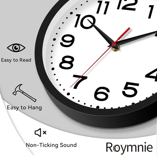Miniatura 3 de Roymnie Reloj de pared silencioso sin tictac, funciona con pilas, 10 pulgadas, clásico, analógico, decorativo para aula, sala de estar, oficina