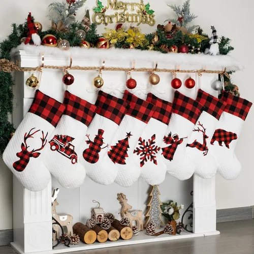 Miniatura 9 de LUBOT Juego de 4 medias de Navidad grandes para la familia, 20 pulgadas, silueta de búfalo rojo a cuadros para colgar en la chimenea, decoración
