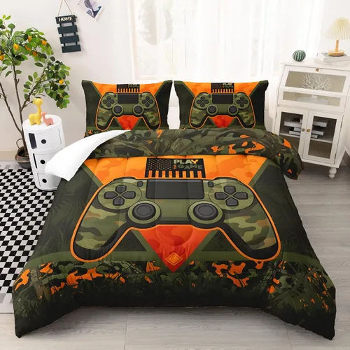 AILONEN Juego de edredón de camuflaje para videojuegos, tamaño Queen, ropa de cama de microfibra con diseño de controlador de 3 piezas para