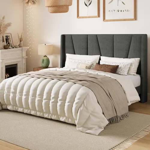 Miniatura 3 de SHA CERLIN Base de cama tamaño Queen con cabecera geométrica con respaldo de ala, plataforma tapizada con soporte de listones de madera, espacio Gris